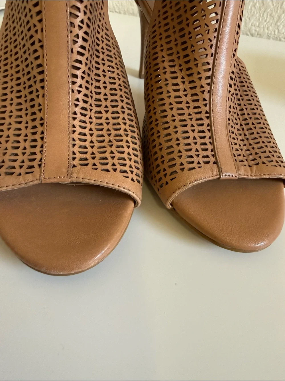Audrey Brooke | Corrine Laser Cut Leather Heels | Peep Toe Bootie | 9.5